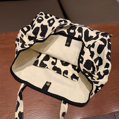 Realaiot Women Shoulder Bag Canvas Totes Bag Girl Fashion Casual Large Capacity Shopper Bag With Snap Cute Leopard Printing Handbags