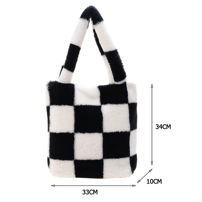 Realaiot Fashion Checkered Print Shoulder Bag Autumn Winter Hit Color INS Fashion Women Plush Bag Handbag Women Tote Bags Shopper bag