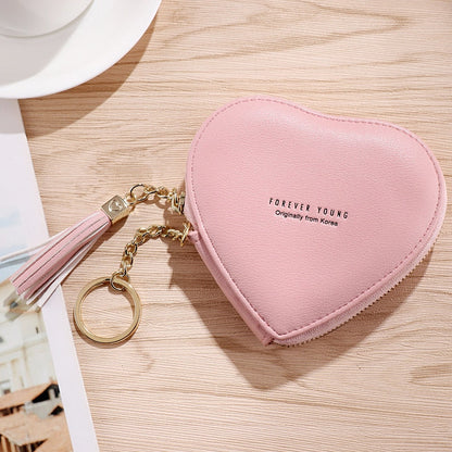 Realaiot Women's Heart Shape Small Coin Wallets PU Leather Zipper Key Ring Tassels Card Holder Mini Purse Cute Portable Female Clutch Bag