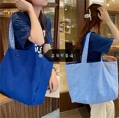 Realaiot Women Shoulder Bag Canvas Tote Bags Girl Fashion Casual Solid Color Plaid Shopper Bags Large Capacity Double Sided Handbags