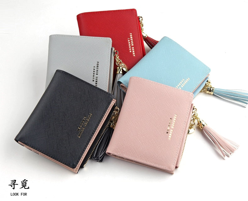 Realaiot Women Short Wallet Fashion Crossed Grain PU Leather Tassel Zipper Coin Purse Mini Money Bag Girls Small Cute Pink Card Holder