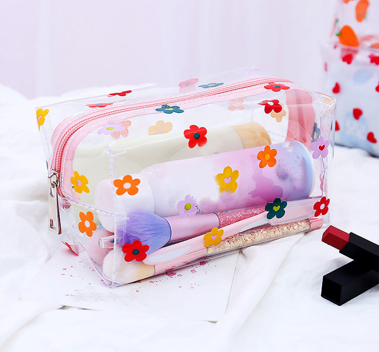 Realaiot Clear Makeup Bag Fashion Transparent Travel Portable Mini Wash Storage Bags Strawberry Flower Print Women Zipper Cosmetic Bag