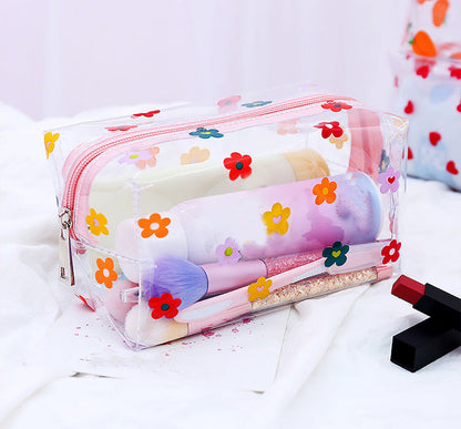 Realaiot Clear Makeup Bag Fashion Transparent Travel Portable Mini Wash Storage Bags Strawberry Flower Print Women Zipper Cosmetic Bag