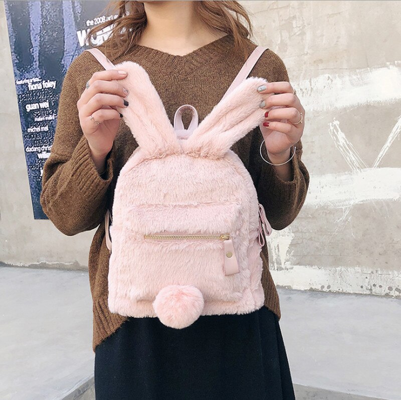 Realaiot Furry Rabbit Ear Backpack cute Girls Shoulder Bag Mini Furry Fluffy Plush schoolbag Winter Women's Travel Bag