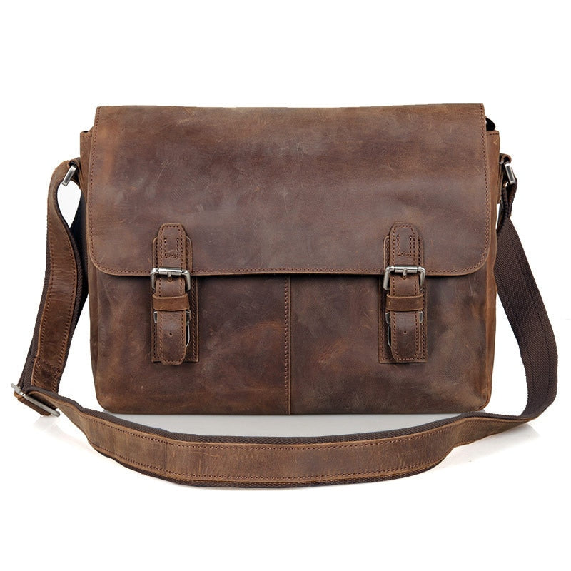 Realaiot Vintage Crazy Horse Leather Men Shoulder bag Genuine Leather Messenger Bag men Crossbody Bag Sling Leisure Bag Casual Brown