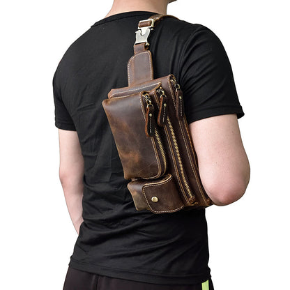 Realaiot Crazy Horse Men Waist Bag Real Leather Chest Bag Outdoor Casual Full Grain Leather Porable Gym Bags Messenger Bag Brown