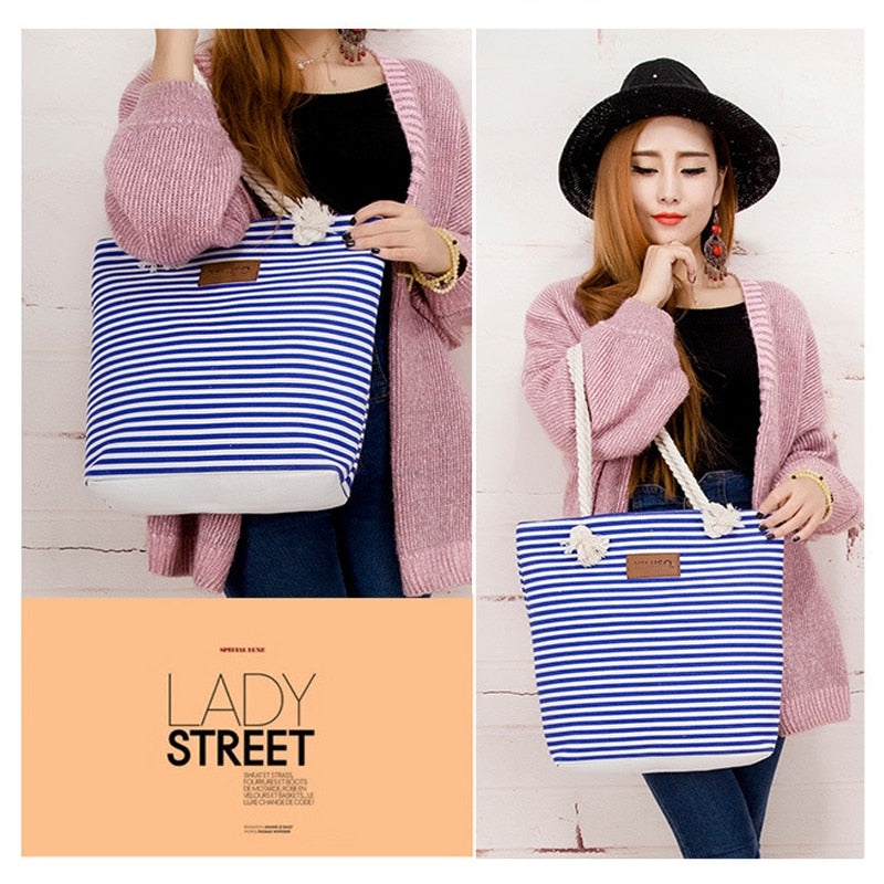 Realaiot Women Stripes Canvas Beach Bag Large Capacity Female Zipper Shoulder Bag Ladies Polyester Totes Girl's Casual Shopping Handbag