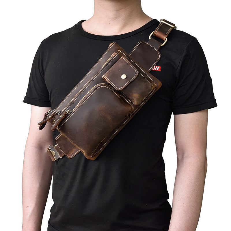 Realaiot Crazy Horse Men Waist Bag Real Leather Chest Bag Outdoor Casual Full Grain Leather Porable Gym Bags Messenger Bag Brown