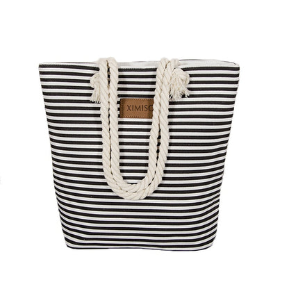 Realaiot Women Stripes Canvas Beach Bag Large Capacity Female Zipper Shoulder Bag Ladies Polyester Totes Girl's Casual Shopping Handbag