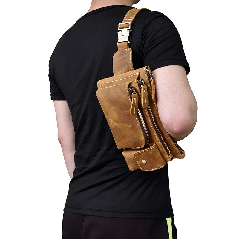 Realaiot Crazy Horse Men Waist Bag Real Leather Chest Bag Outdoor Casual Full Grain Leather Porable Gym Bags Messenger Bag Brown