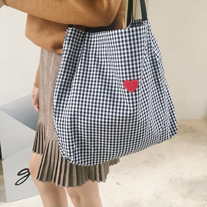 Realaiot Women Canvas Shoulder Bag Black White Plaid Red Heart Deer Embroidery Ladies Shopping Bag Handbags Totes Cotton Cloth Beach Bags