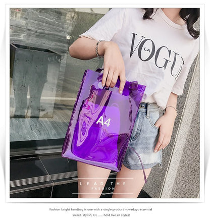 Realaiot Fashion Women Messenger Bag Transparent PVC Vertical Letter Shoulder Bag A4 A5 Summer Creative Beach Bag Internal Drawstring Bag