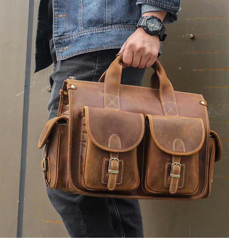 Realaiot Grade Quality Laptop Briefcase Crazy Horse Genuine Leather Laptop Bags Notebook PC Shoulder Bag For Business Man Vintage