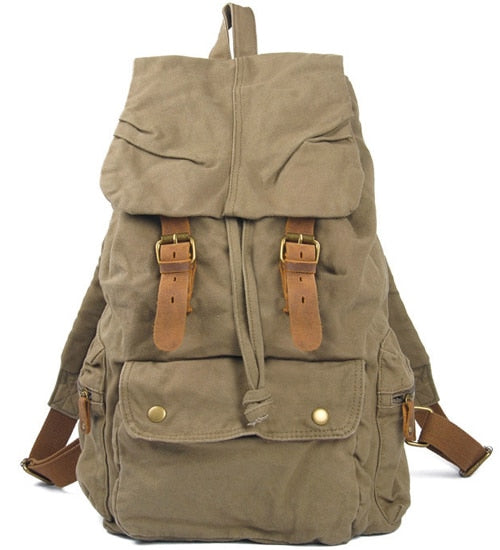 Realaiot Fashion Vintage Leather Military Canvas Backpack Men's Backpack School Bag Drawstring Backpack Women Bagpack Male Rucksack