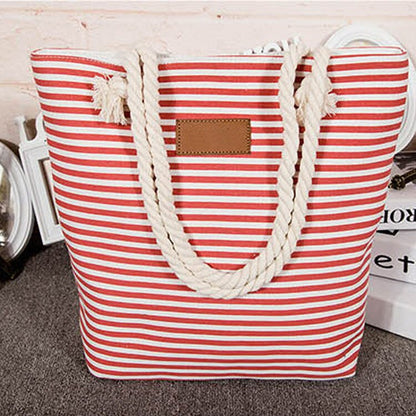 Realaiot Women Stripes Canvas Beach Bag Large Capacity Female Zipper Shoulder Bag Ladies Polyester Totes Girl's Casual Shopping Handbag