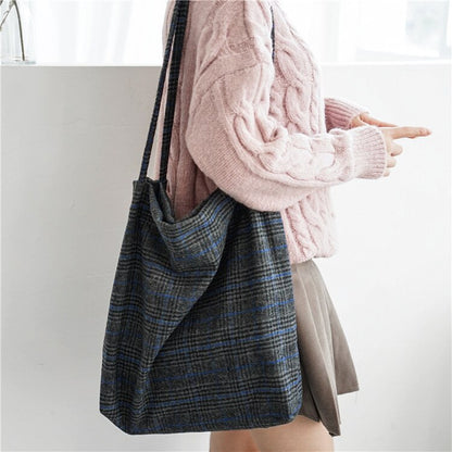 Realaiot Women Wool Tote Vintage Plaid Canvas Shoulder Bag Female Woolen Cloth Handbag Simple Eco Shopping Bag Foldable Soft Grocery Bags