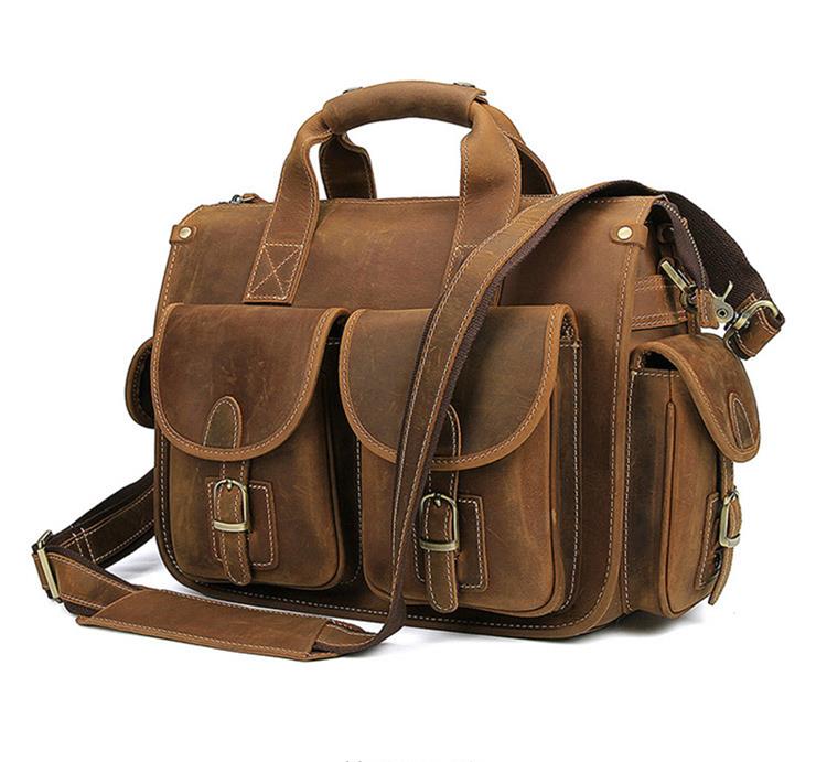Realaiot Grade Quality Laptop Briefcase Crazy Horse Genuine Leather Laptop Bags Notebook PC Shoulder Bag For Business Man Vintage