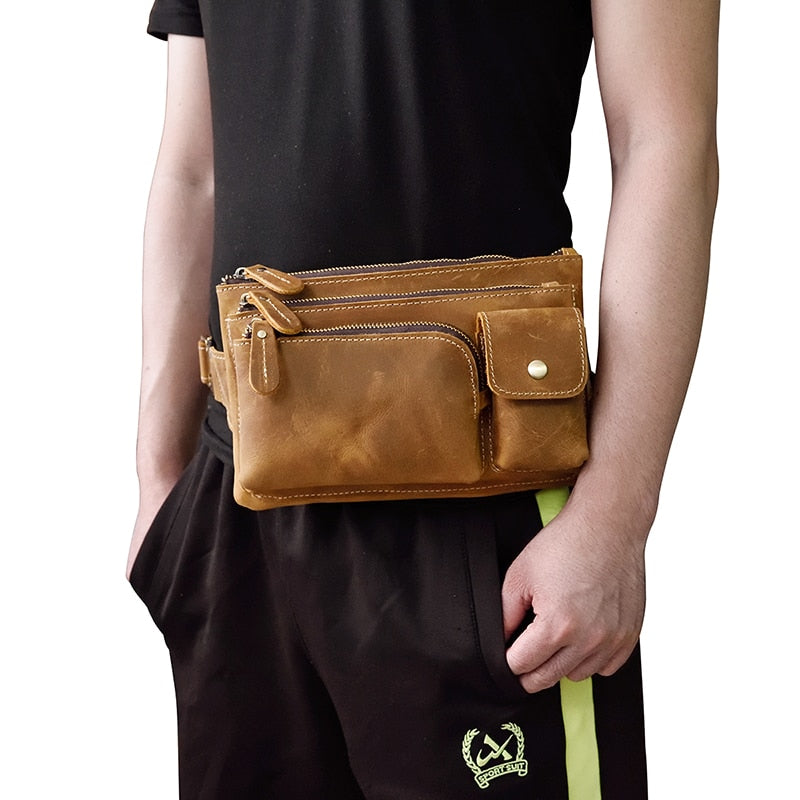 Realaiot Crazy Horse Men Waist Bag Real Leather Chest Bag Outdoor Casual Full Grain Leather Porable Gym Bags Messenger Bag Brown