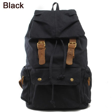 Realaiot Fashion Vintage Leather Military Canvas Backpack Men's Backpack School Bag Drawstring Backpack Women Bagpack Male Rucksack