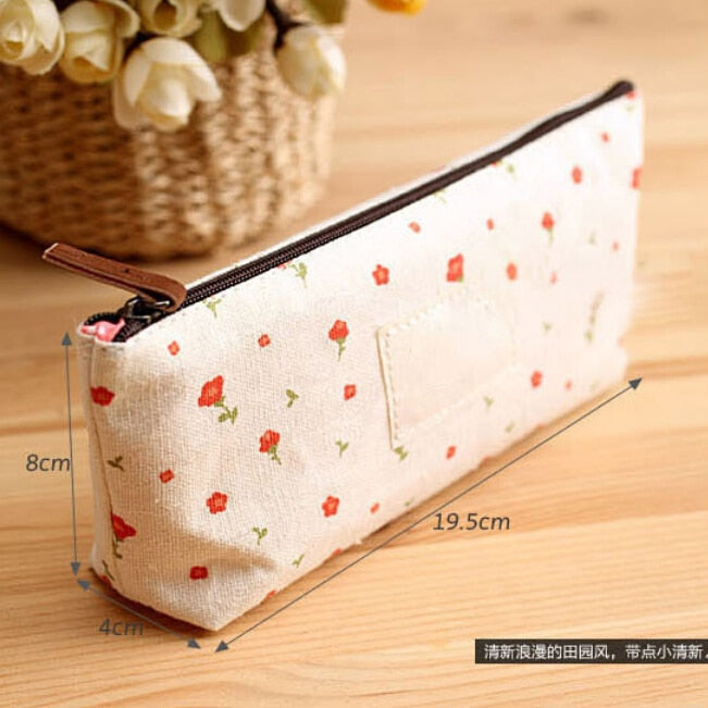 Realaiot Cute Kawaii Floral Flower Canvas Zipper Pencil Cases Lovely Fabric Flower Tree Pen Bags School Supplies Free shipping