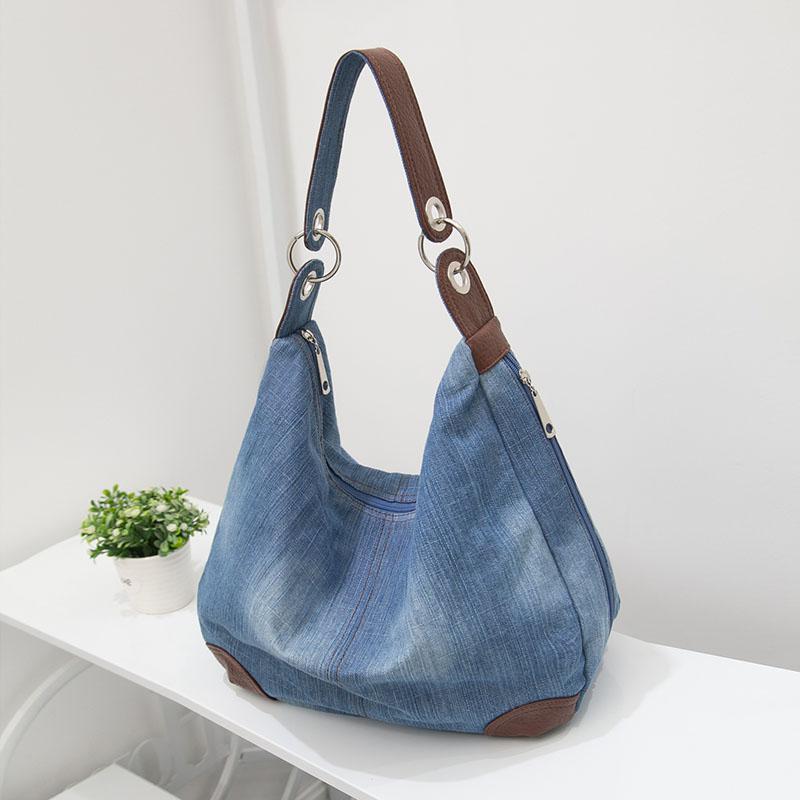 Realaiot Women Denim Tote Bag Casual Canvas Jean Large Capacity Top Handle Bag One Shoulder Bags