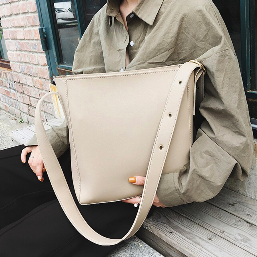 Realaiot Fashion Pu Leather Composite Bags For Ladies Casual Solid Large Capacity Bucket Bags For Women Simple Vintage Messenger Bags New