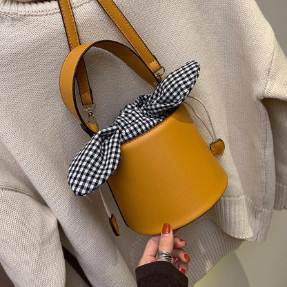 Cyflymder New Bucket Bag Plaid Bow Women Pu Leather Handbag Famous Designer Crossbody Bag Quilted Plaid Women Shoulder Bag