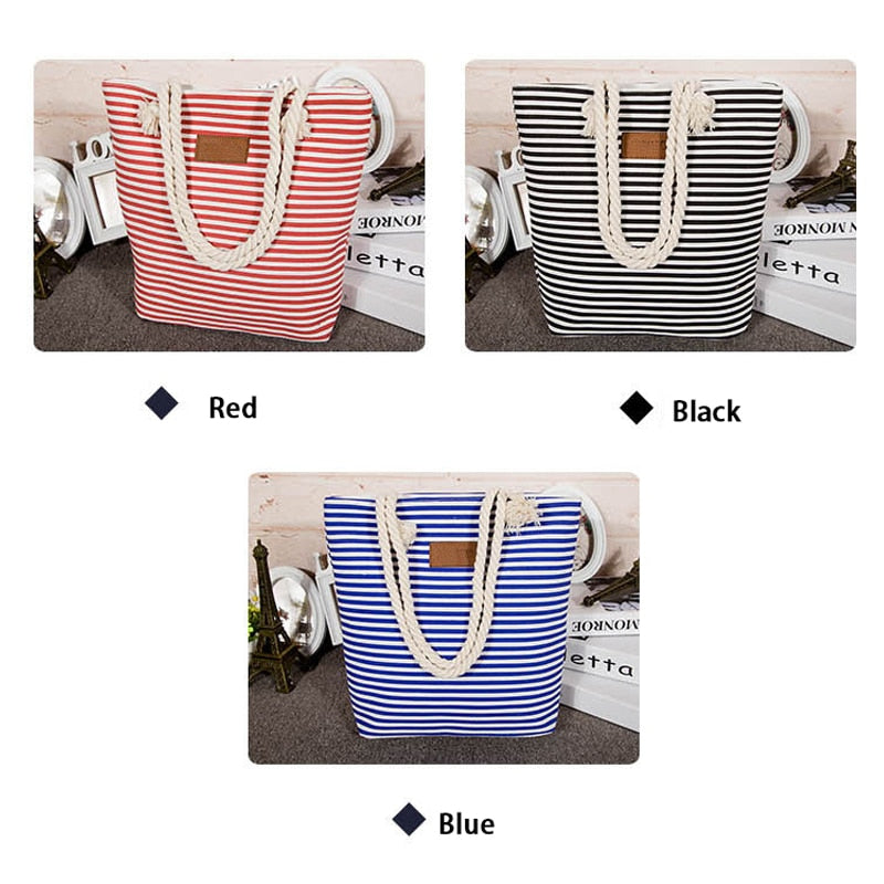 Realaiot Women Stripes Canvas Beach Bag Large Capacity Female Zipper Shoulder Bag Ladies Polyester Totes Girl's Casual Shopping Handbag