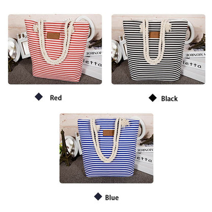 Realaiot Women Stripes Canvas Beach Bag Large Capacity Female Zipper Shoulder Bag Ladies Polyester Totes Girl's Casual Shopping Handbag