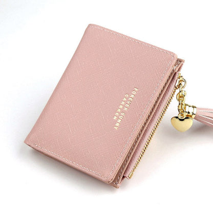 Realaiot Women Short Wallet Fashion Crossed Grain PU Leather Tassel Zipper Coin Purse Mini Money Bag Girls Small Cute Pink Card Holder