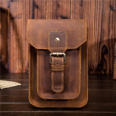 Cyflymder Men's Waist Pack Genuine Leather Pouch Waist Bag for Men Fanny Pack Cow Leather Mini Phone Bag Vintage Big Wallet Belt Loop Hoop