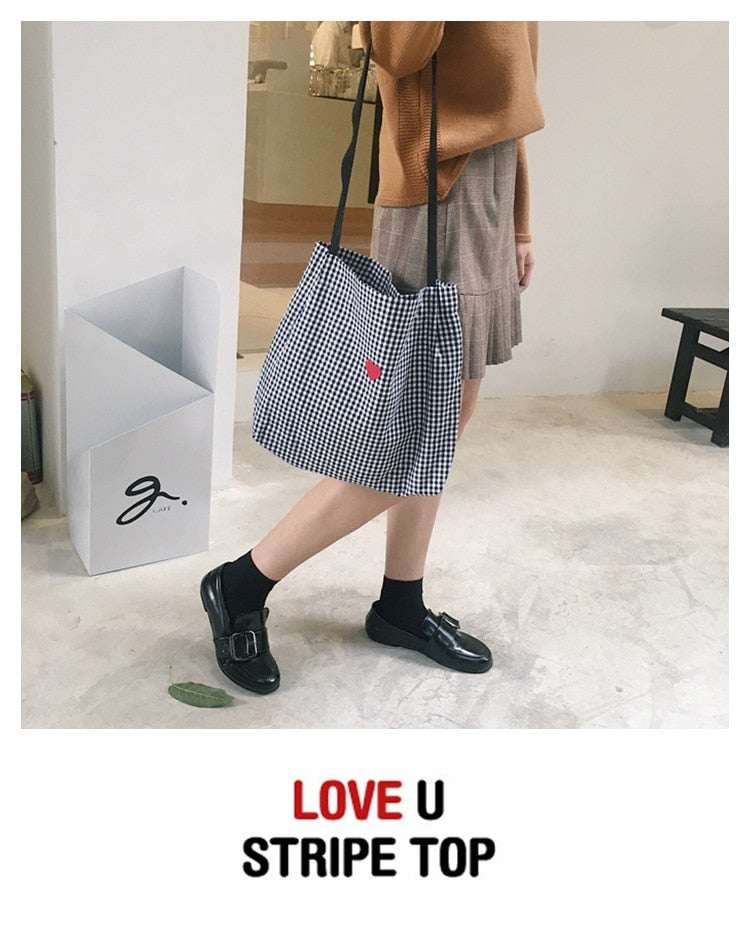 Realaiot Women Canvas Shoulder Bag Black White Plaid Red Heart Deer Embroidery Ladies Shopping Bag Handbags Totes Cotton Cloth Beach Bags