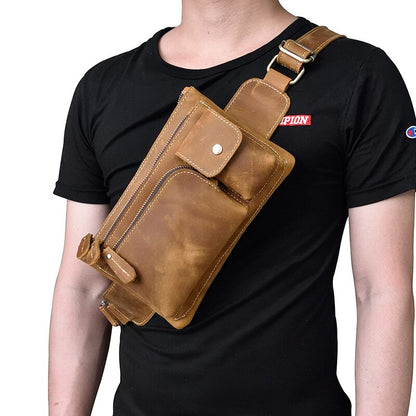 Realaiot Crazy Horse Men Waist Bag Real Leather Chest Bag Outdoor Casual Full Grain Leather Porable Gym Bags Messenger Bag Brown