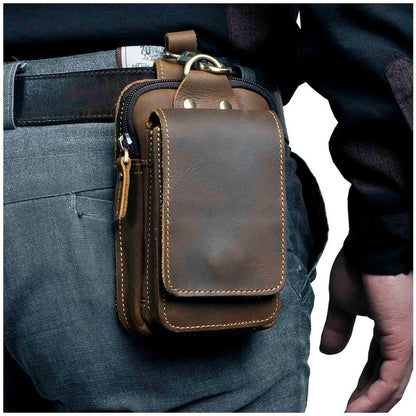 Realaiot Fashion Quality Leather Small Summer Pouch Hook Design Waist Pack Bag Cigarette Case 6" Phone Pouch Waist Belt Bag 1609 Gifts for Men