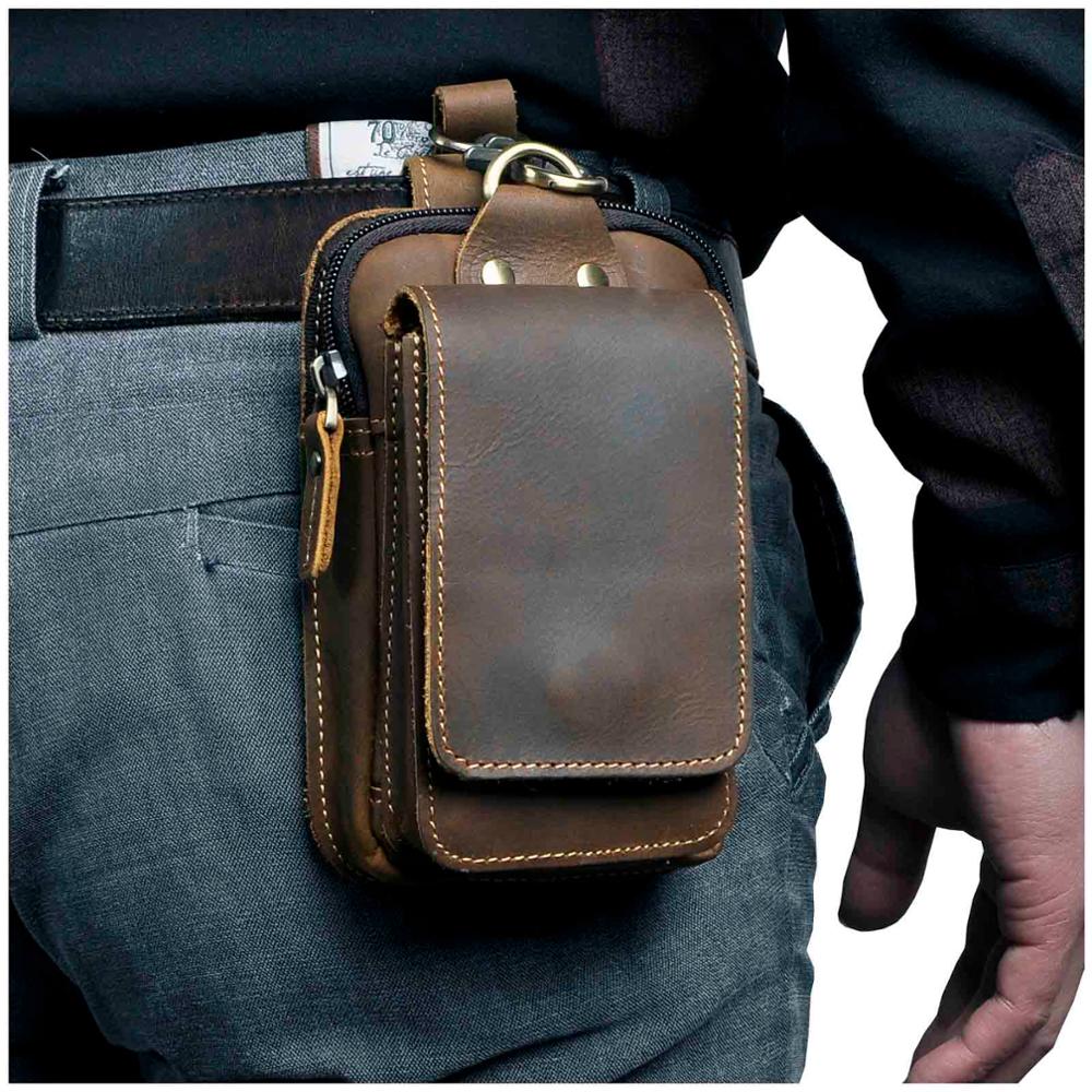 Realaiot Vintage Crazy Horse Leather Small Summer Hip Bum Pouch Hook Design Cigarette Case 7" Phone Pouch Fanny Waist Pack Belt Bag