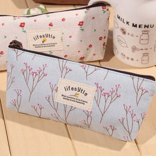 Realaiot Cute Kawaii Floral Flower Canvas Zipper Pencil Cases Lovely Fabric Flower Tree Pen Bags School Supplies Free shipping