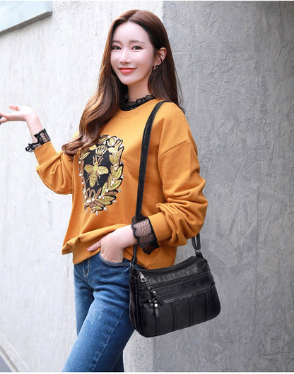 Realaiot Fashion Women Crossbody Bag Black Soft Washed Leather Shoulder Bag Patchwork Messenger Bag Small Flap Bag for Girls