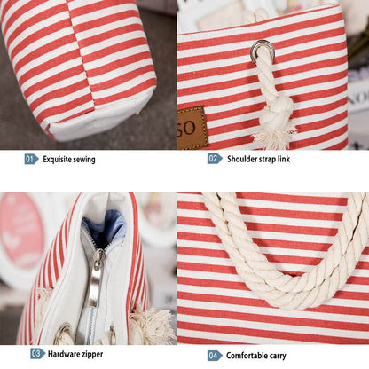 Realaiot Women Stripes Canvas Beach Bag Large Capacity Female Zipper Shoulder Bag Ladies Polyester Totes Girl's Casual Shopping Handbag