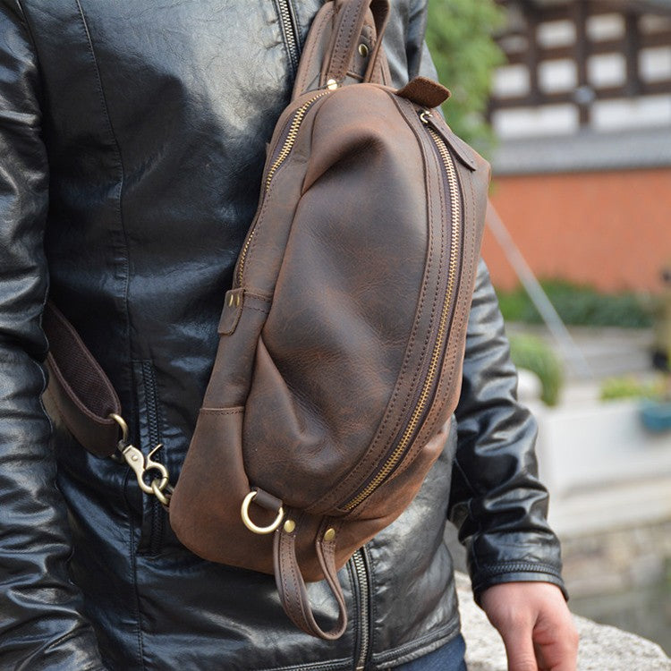 Realaiot Unique Men's Crazy Horse Leather Chest Bag Real Leather Cowhide iPad Mini Male Single Shoulder Back pack Crossbody Bags