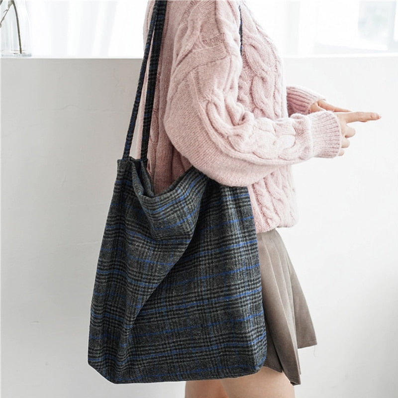 Realaiot Women Wool Tote Vintage Plaid Canvas Shoulder Bag Female Woolen Cloth Handbag Simple Eco Shopping Bag Foldable Soft Grocery Bags