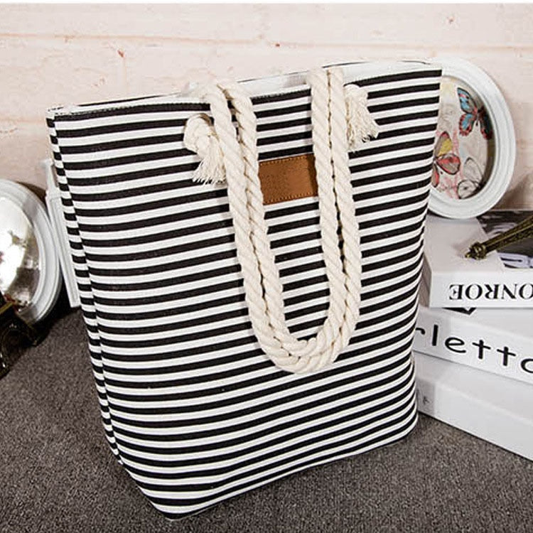 Realaiot Women Stripes Canvas Beach Bag Large Capacity Female Zipper Shoulder Bag Ladies Polyester Totes Girl's Casual Shopping Handbag