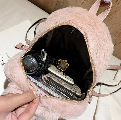 Realaiot Furry Rabbit Ear Backpack cute Girls Shoulder Bag Mini Furry Fluffy Plush schoolbag Winter Women's Travel Bag