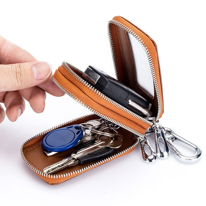 Realaiot Genuine Cow Leather Home Car Keys' Bag Double Pocket Zipper Mini Wallet Earth Yellow Men Women's Key Holder Transparent Pocket