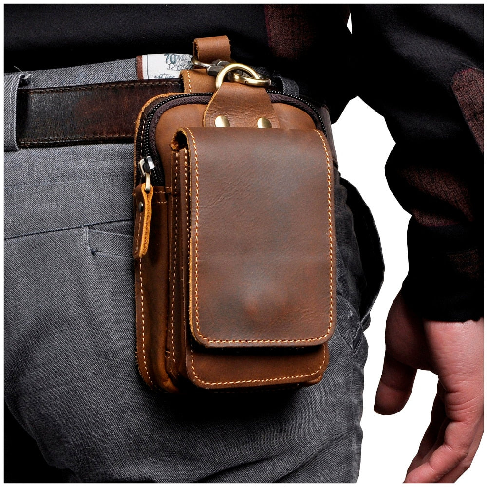 Realaiot Vintage Crazy Horse Leather Small Summer Hip Bum Pouch Hook Design Cigarette Case 7" Phone Pouch Fanny Waist Pack Belt Bag