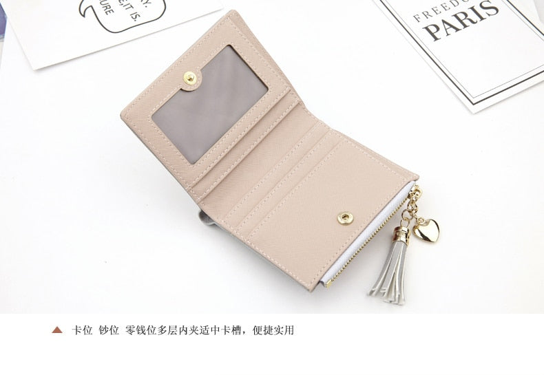 Realaiot Women Short Wallet Fashion Crossed Grain PU Leather Tassel Zipper Coin Purse Mini Money Bag Girls Small Cute Pink Card Holder