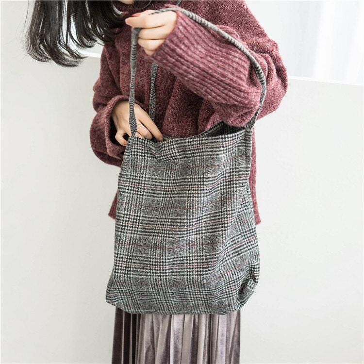 Realaiot Women Wool Tote Vintage Plaid Canvas Shoulder Bag Female Woolen Cloth Handbag Simple Eco Shopping Bag Foldable Soft Grocery Bags