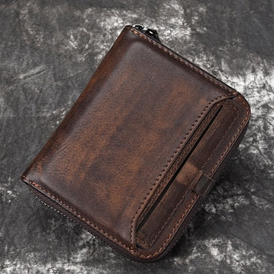 Realaiot Wallet man short head layer cowhide money Clip Men's retro wallet vertical zipper casual Youth small wallet