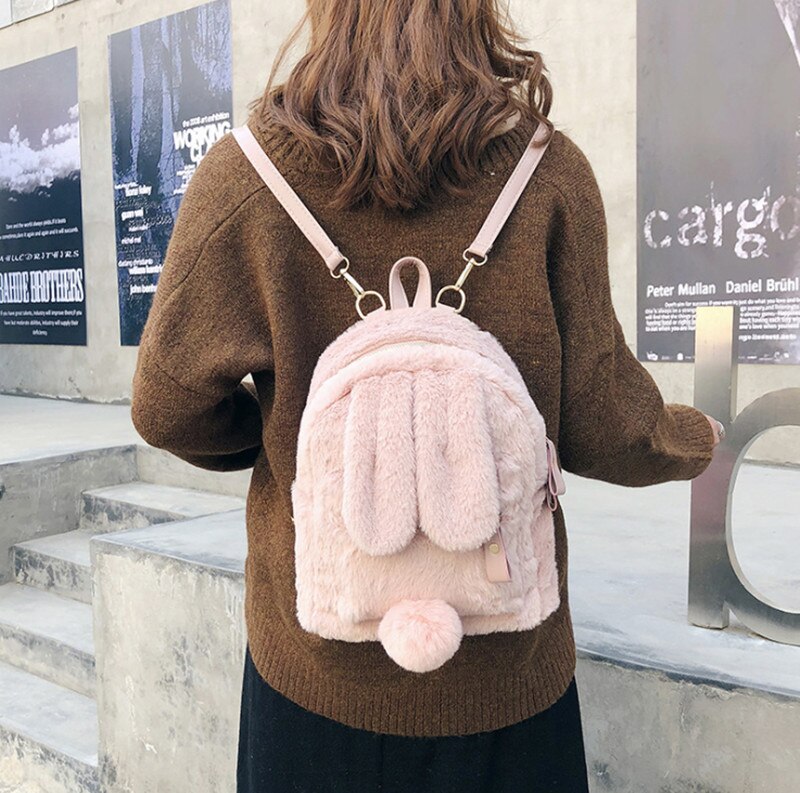 Realaiot Furry Rabbit Ear Backpack cute Girls Shoulder Bag Mini Furry Fluffy Plush schoolbag Winter Women's Travel Bag