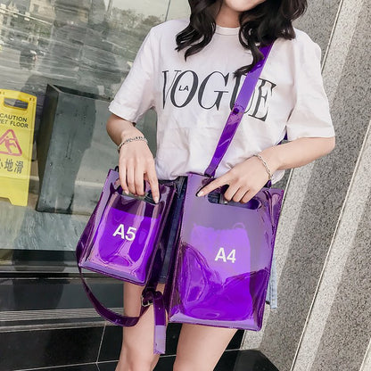 Realaiot Fashion Women Messenger Bag Transparent PVC Vertical Letter Shoulder Bag A4 A5 Summer Creative Beach Bag Internal Drawstring Bag