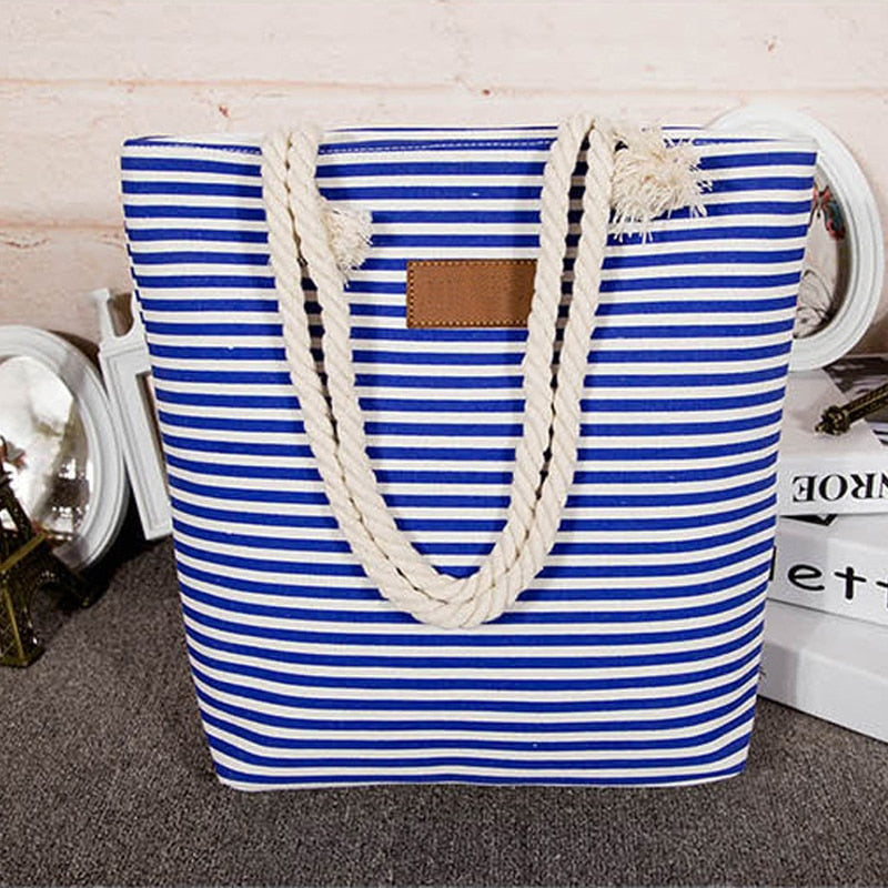 Realaiot Women Stripes Canvas Beach Bag Large Capacity Female Zipper Shoulder Bag Ladies Polyester Totes Girl's Casual Shopping Handbag